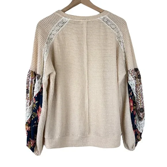 Three Bird Nest Cream Printed Sleeve Mixed Media Waffle Knit Top - Picture 6 of 6